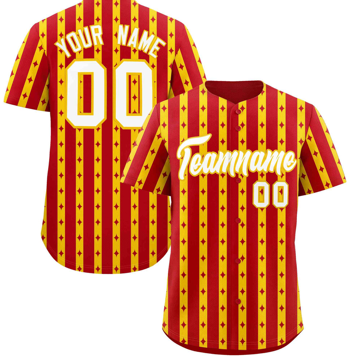 Custom Red Gold Star Pattern Thick Stripes Baseball Jersey