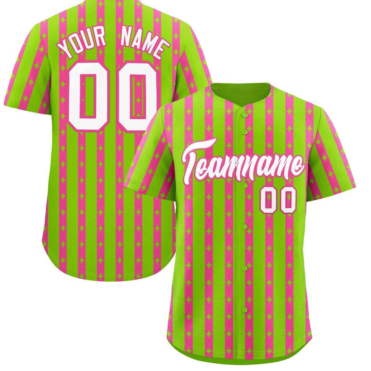 Custom Neon Green Pink Star Pattern Thick Stripes Baseball Jersey