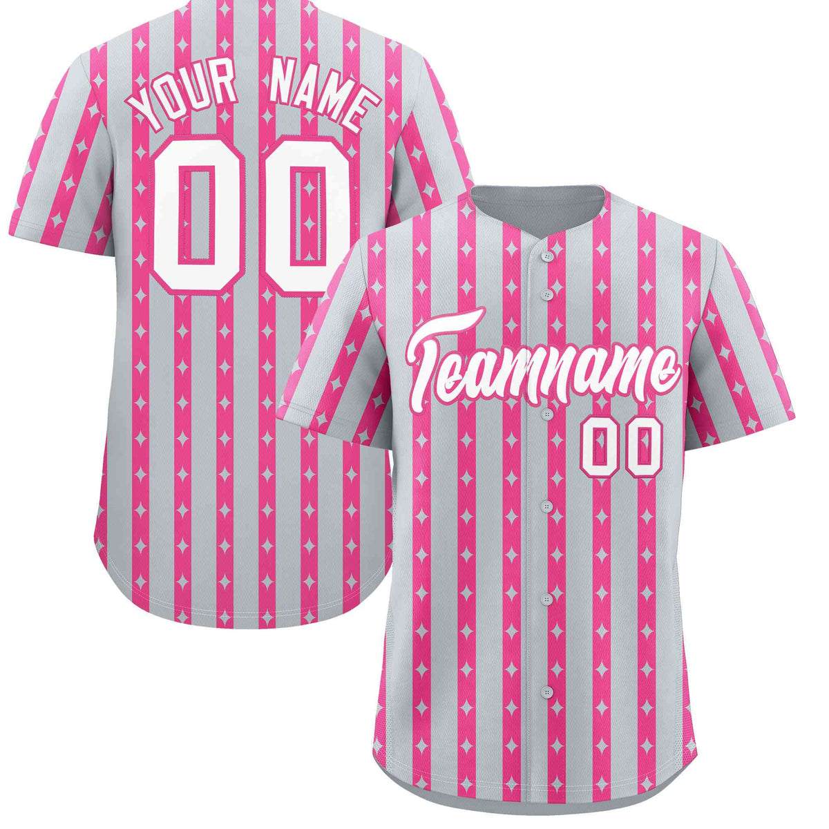 Custom Silver Pink Star Pattern Thick Stripes Baseball Jersey