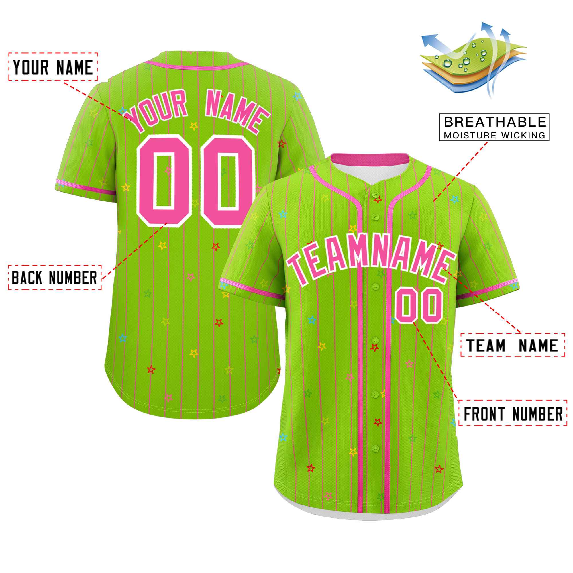 Custom Neon Green Pink Stripe Fashion Personalized Star Pattern Authentic Baseball Jersey