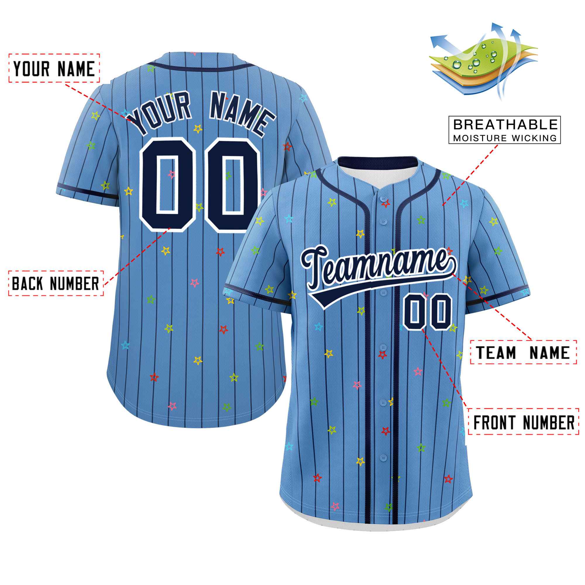 Custom Light Blue Navy Stripe Fashion Personalized Star Pattern Authentic Baseball Jersey