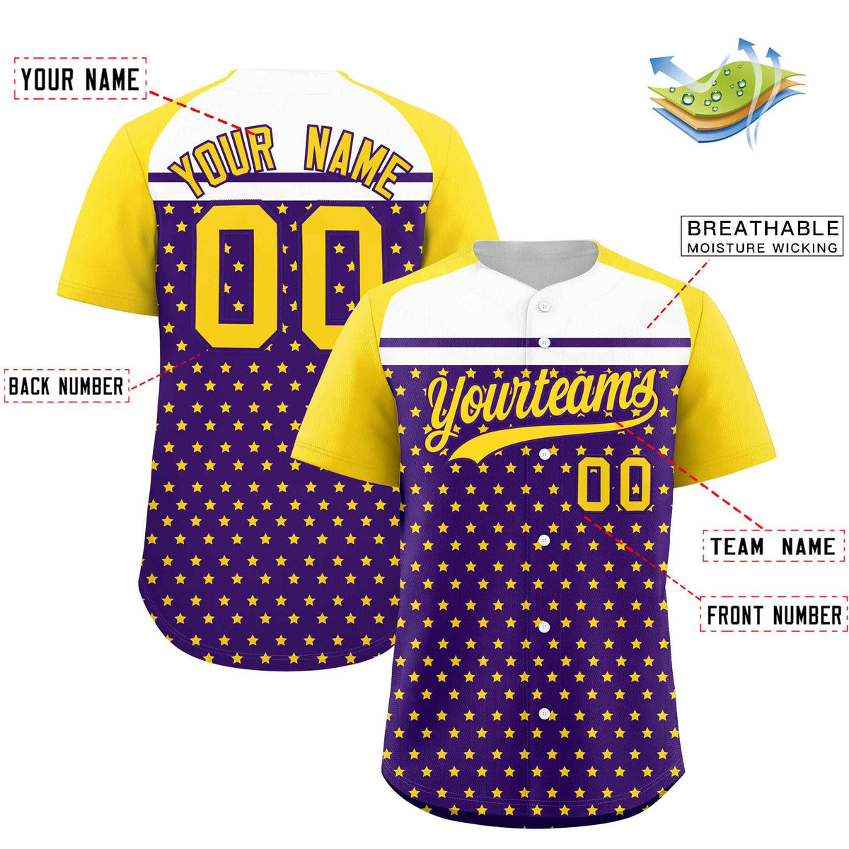 Custom Purple Gold-White Raglan Sleeve Personalized Star Print Authentic Baseball Jersey