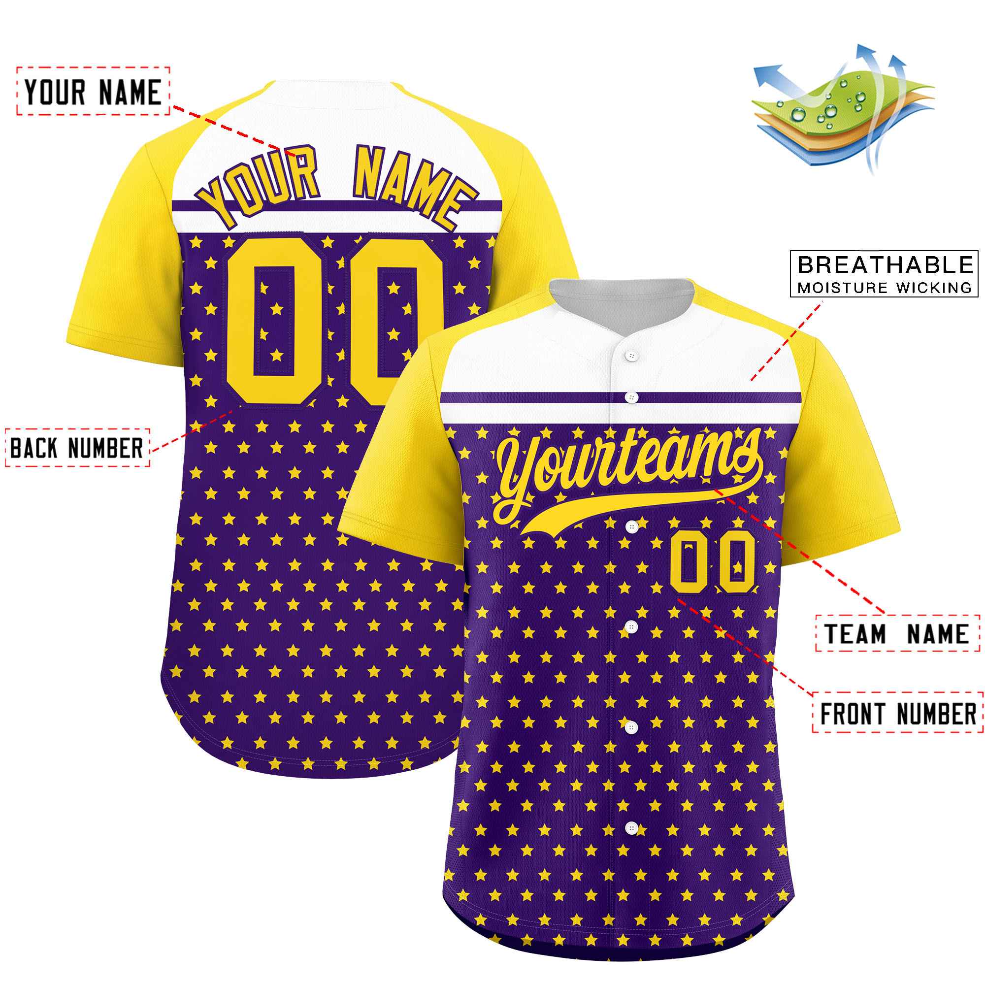 Custom Purple Gold-White Raglan Sleeve Personalized Star Print Authentic Baseball Jersey
