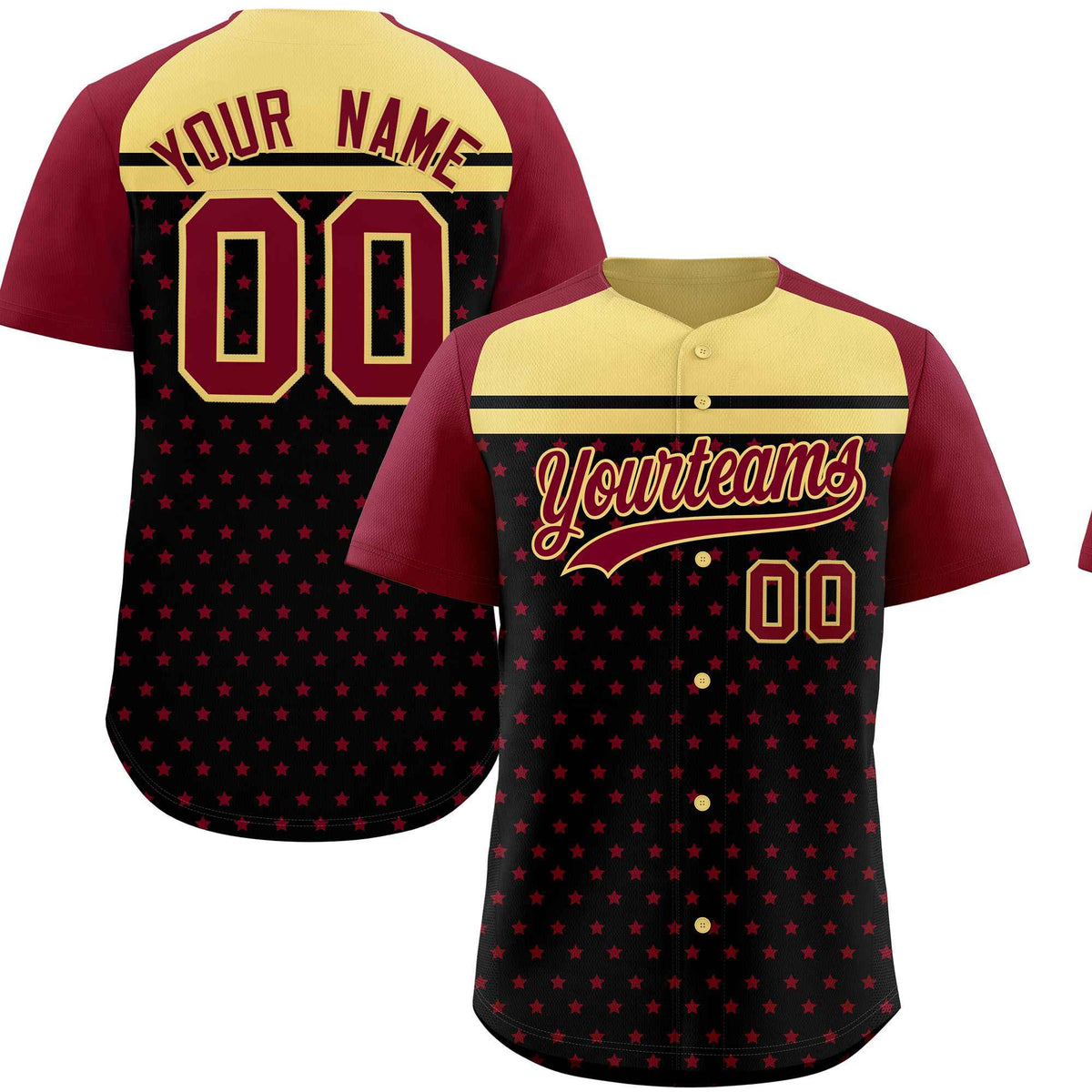 Custom Black Crimson-Khaki Raglan Sleeve Personalized Star Print Authentic Baseball Jersey