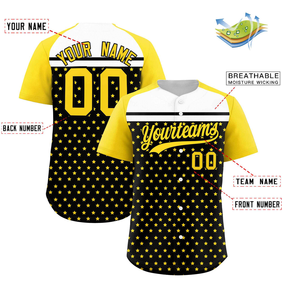 Custom Black Gold-White Raglan Sleeve Personalized Star Print Authentic Baseball Jersey