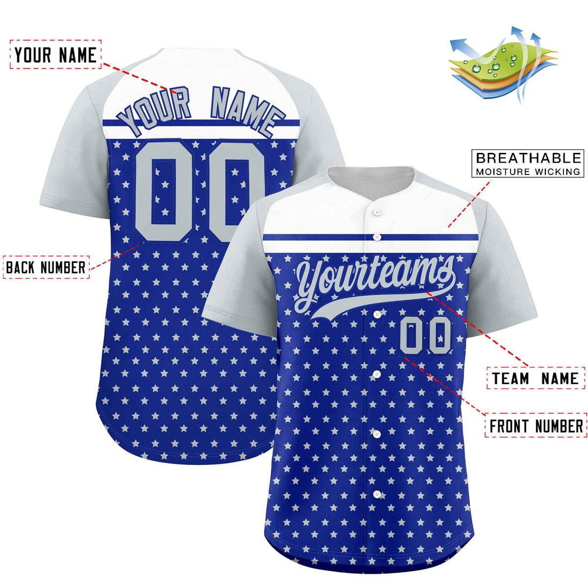Custom Royal Silver-White Raglan Sleeve Personalized Star Print Authentic Baseball Jersey