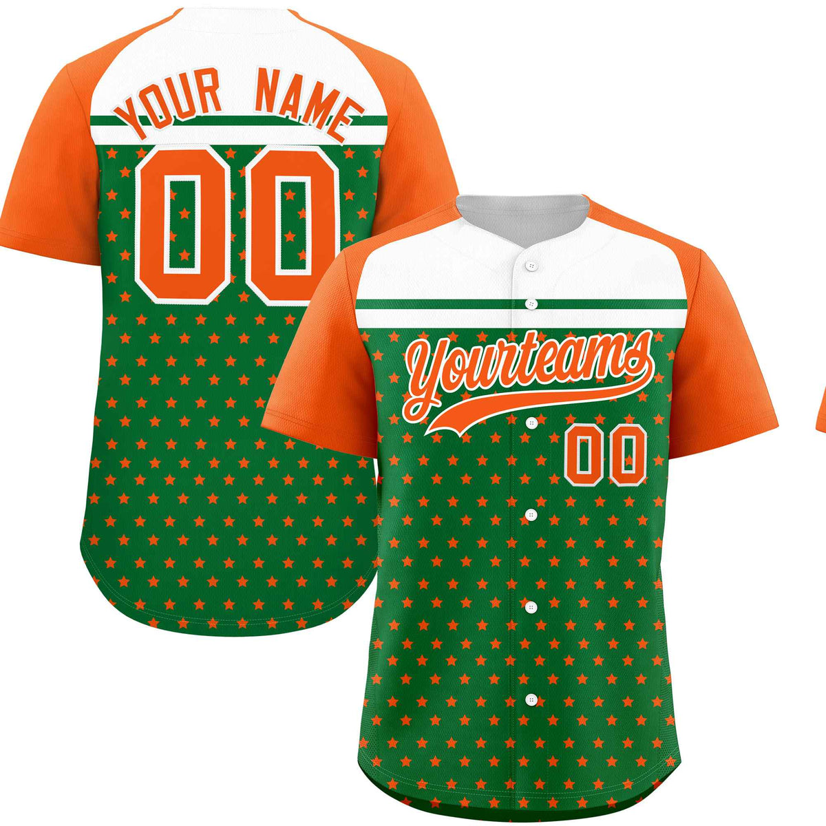 Custom Kelly Green Orange-White Raglan Sleeve Personalized Star Print Authentic Baseball Jersey
