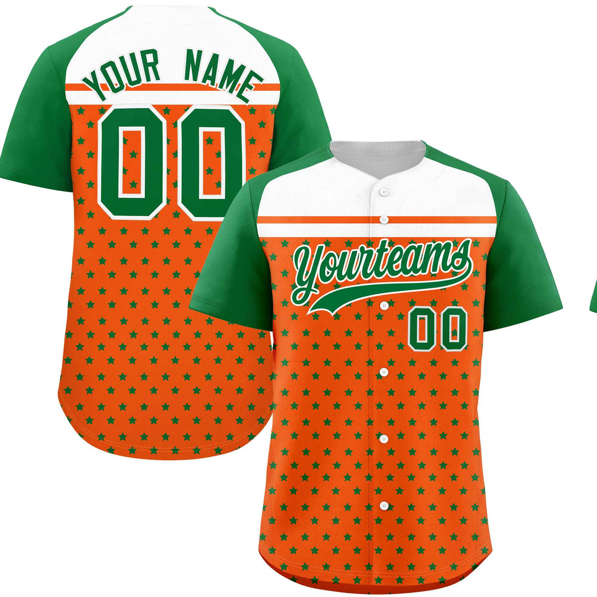 Custom Orange Kelly Green-White Raglan Sleeve Personalized Star Print Authentic Baseball Jersey