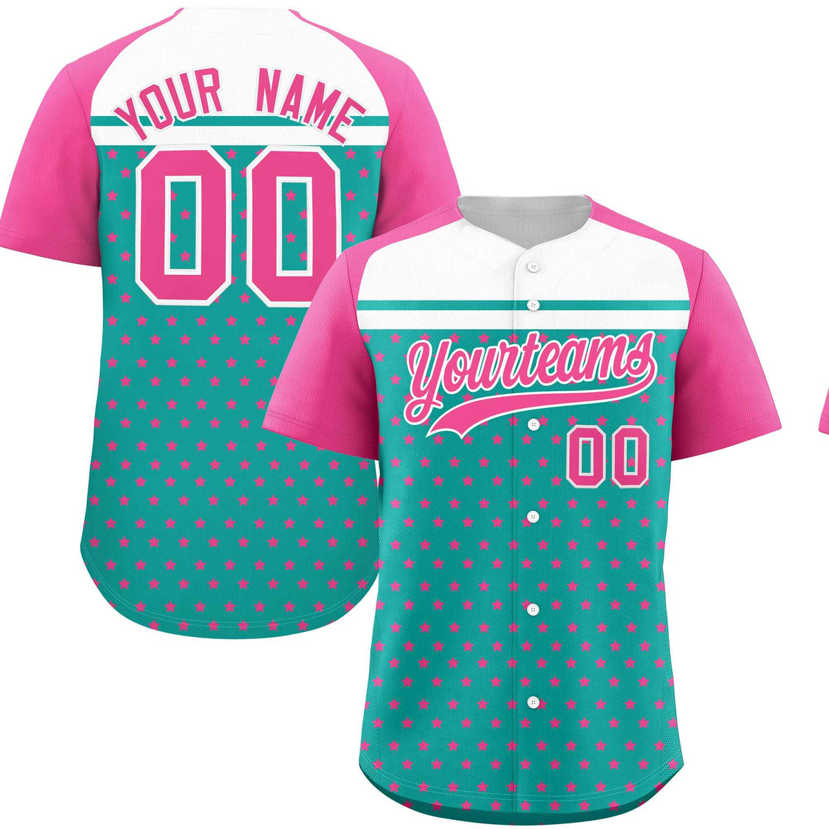 Custom Aqua Pink-White Raglan Sleeve Personalized Star Print Authentic Baseball Jersey
