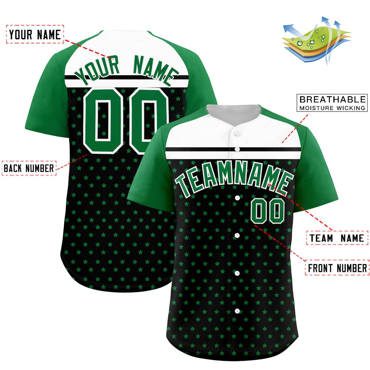 Custom Black Kelly Green-White Raglan Sleeve Personalized Star Print Authentic Baseball Jersey