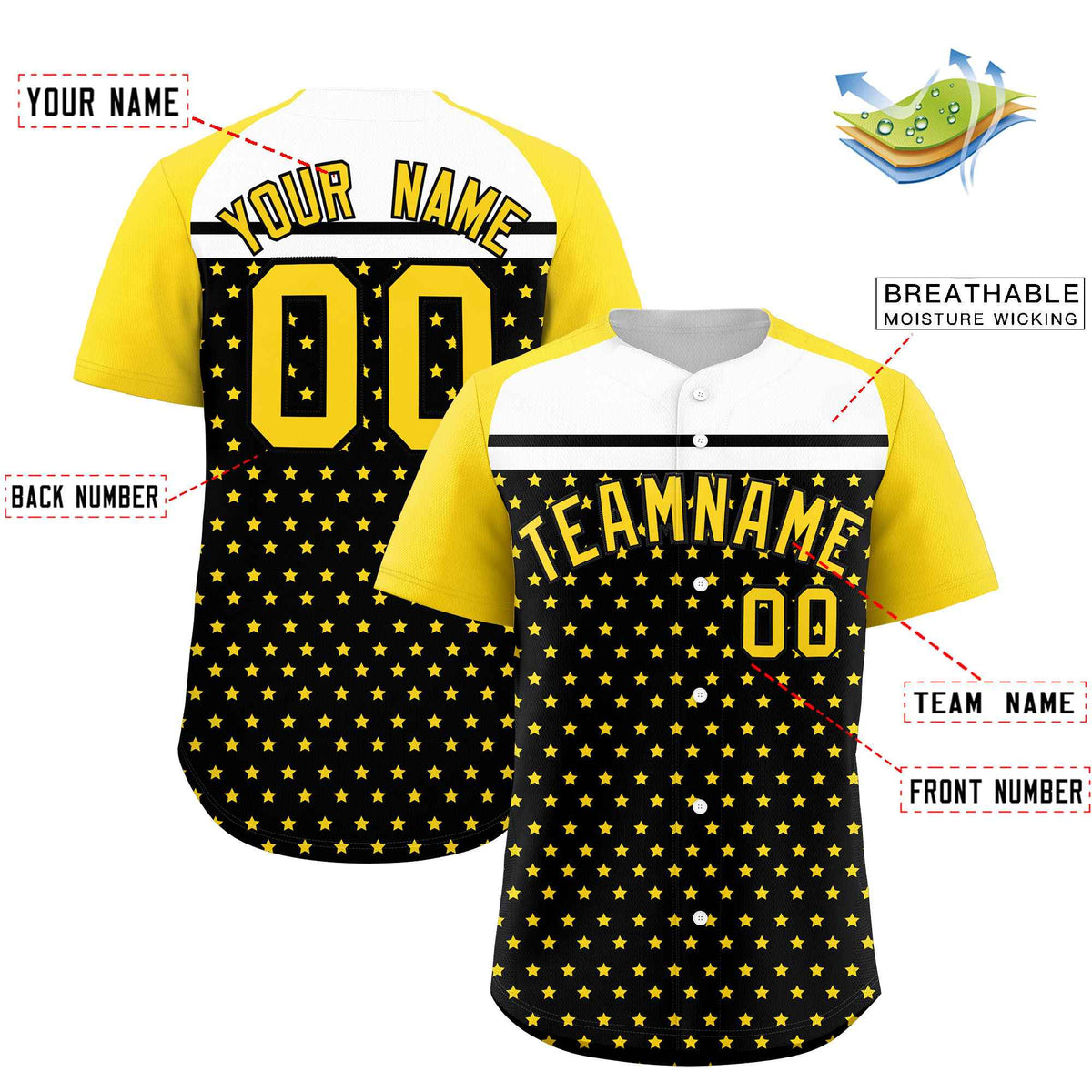 Custom Black Gold-White Raglan Sleeve Personalized Star Print Authentic Baseball Jersey