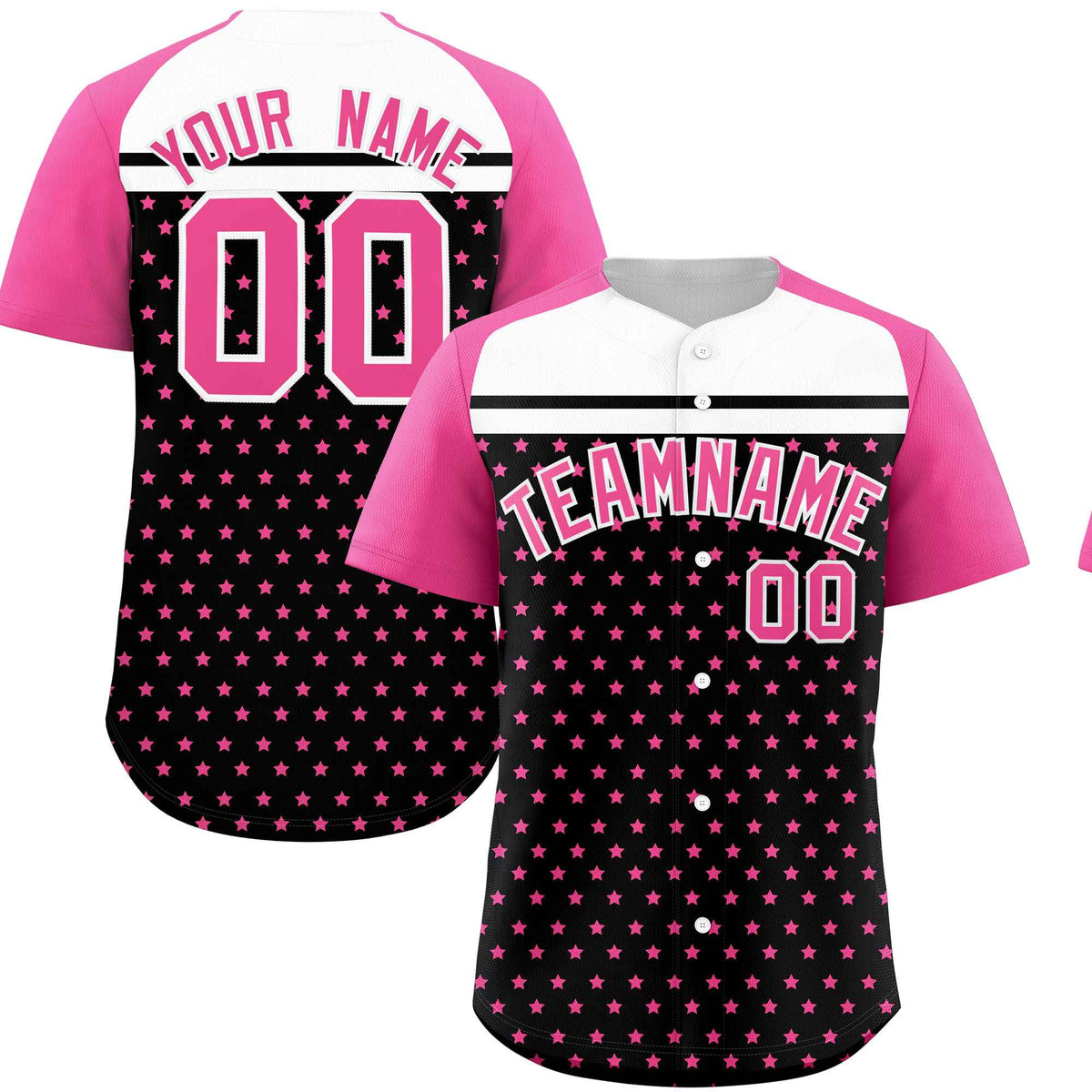 Custom Black Pink-White Raglan Sleeve Personalized Star Print Authentic Baseball Jersey