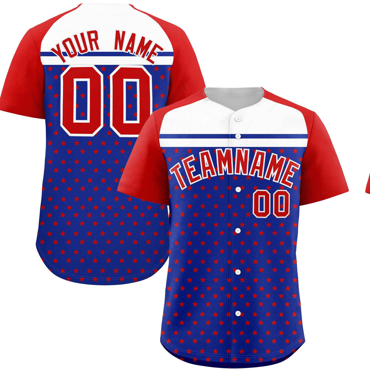 Custom Royal Red-White Raglan Sleeve Personalized Star Print Authentic Baseball Jersey