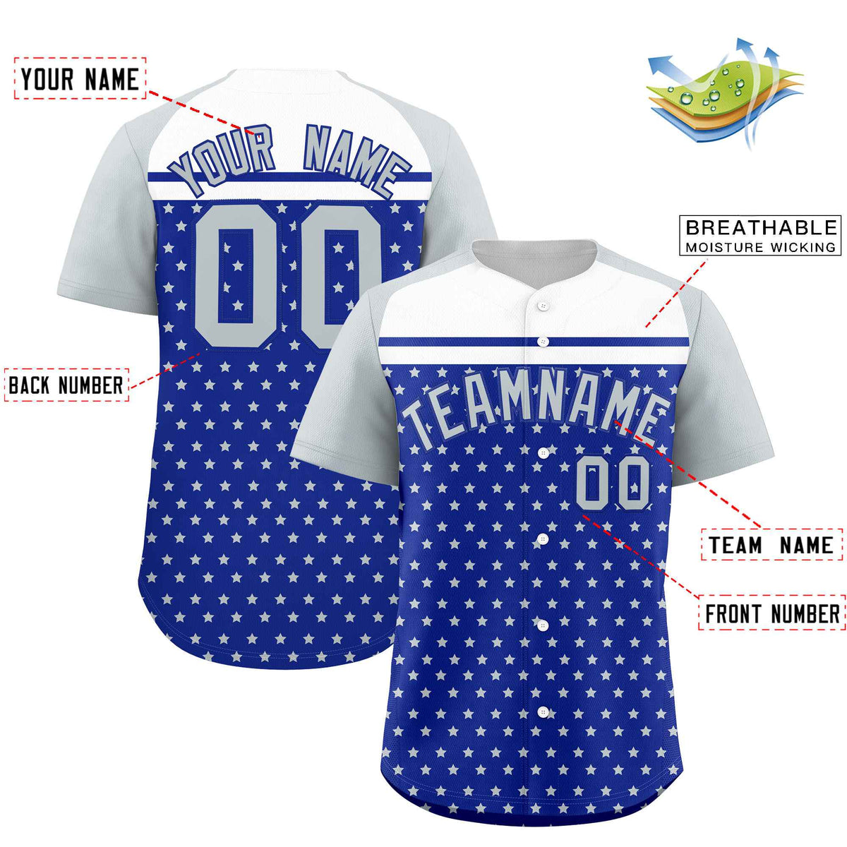 Custom Royal Silver-White Raglan Sleeve Personalized Star Print Authentic Baseball Jersey