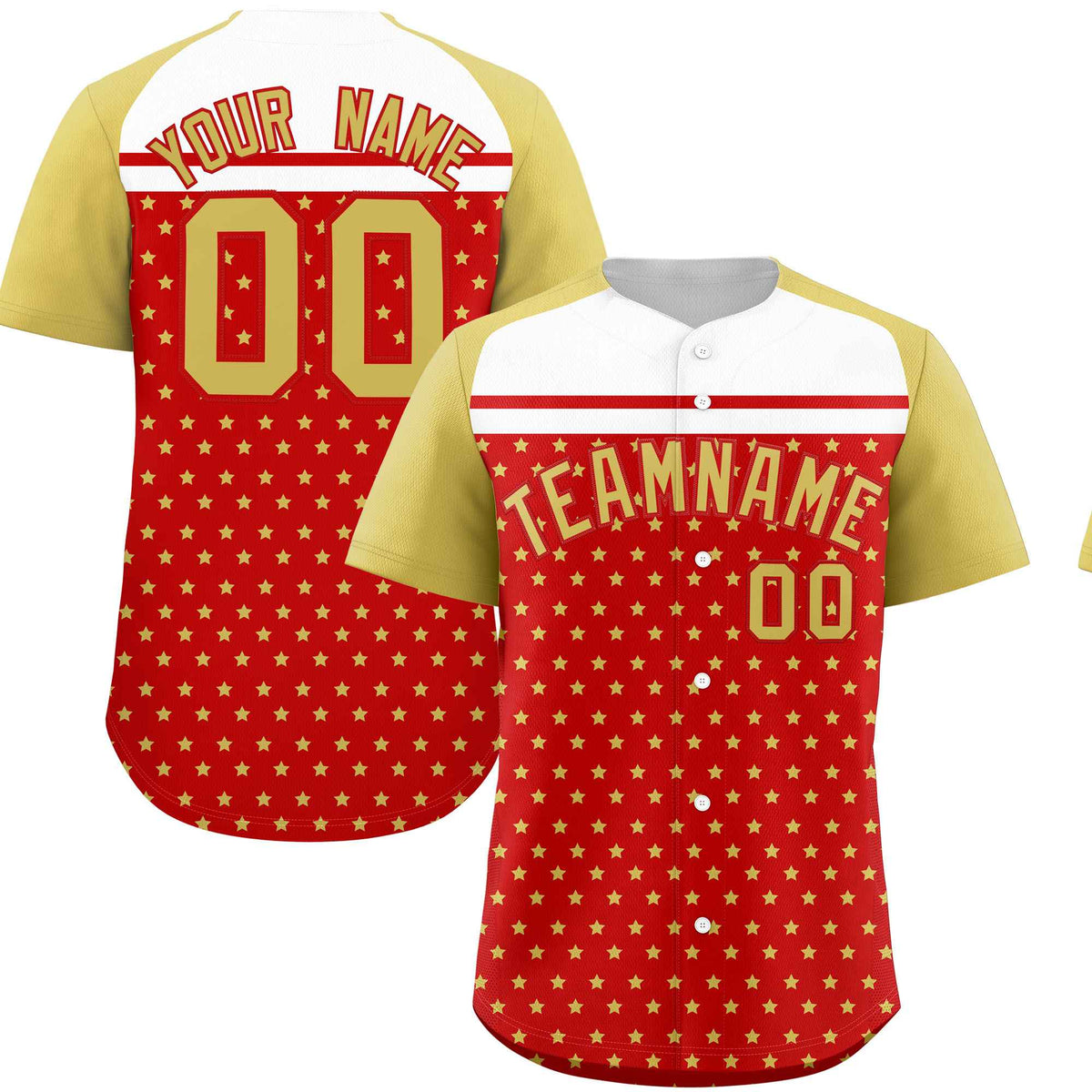 Custom Red Old Gold-White Raglan Sleeve Personalized Star Print Authentic Baseball Jersey