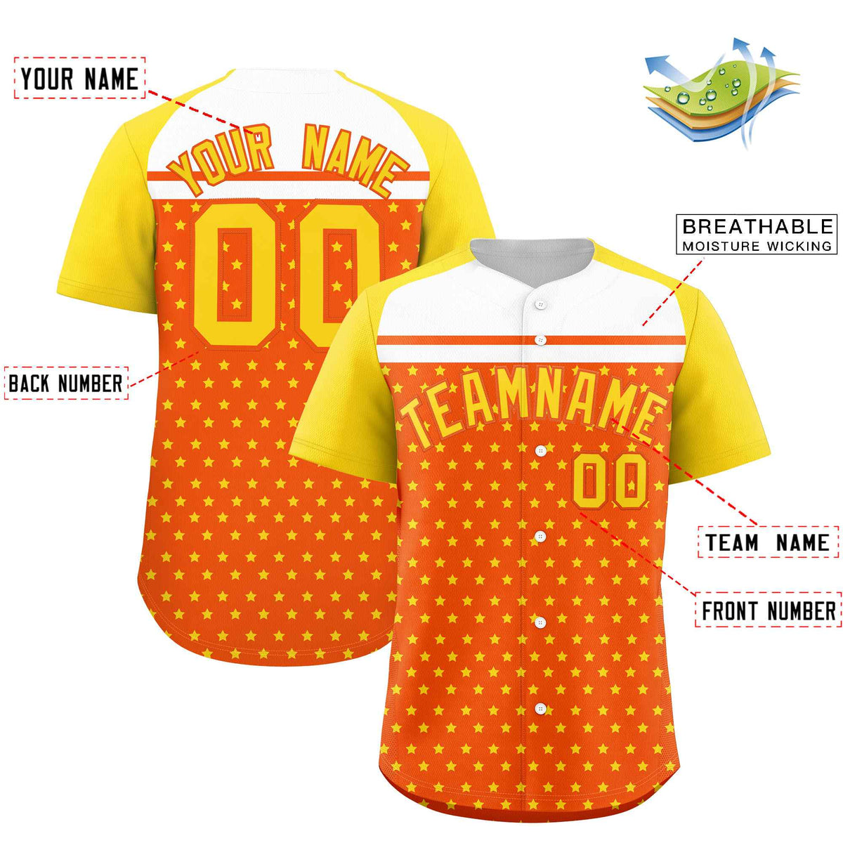 Custom Orange Gold-White Raglan Sleeve Personalized Star Print Authentic Baseball Jersey