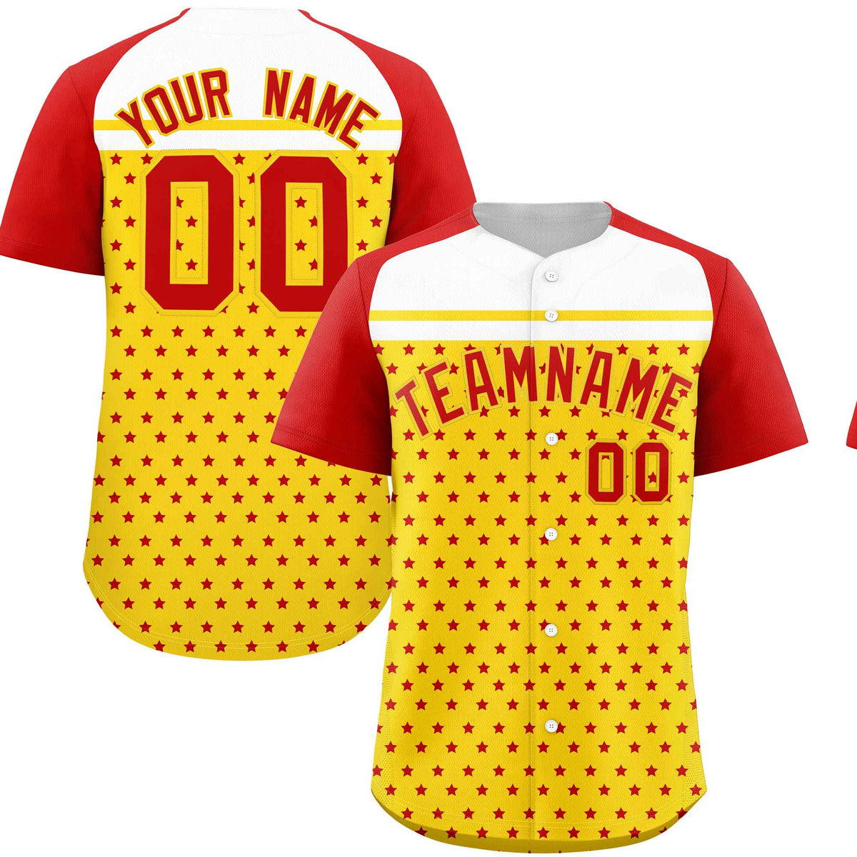 Custom Gold Red-White Raglan Sleeve Personalized Star Print Authentic Baseball Jersey