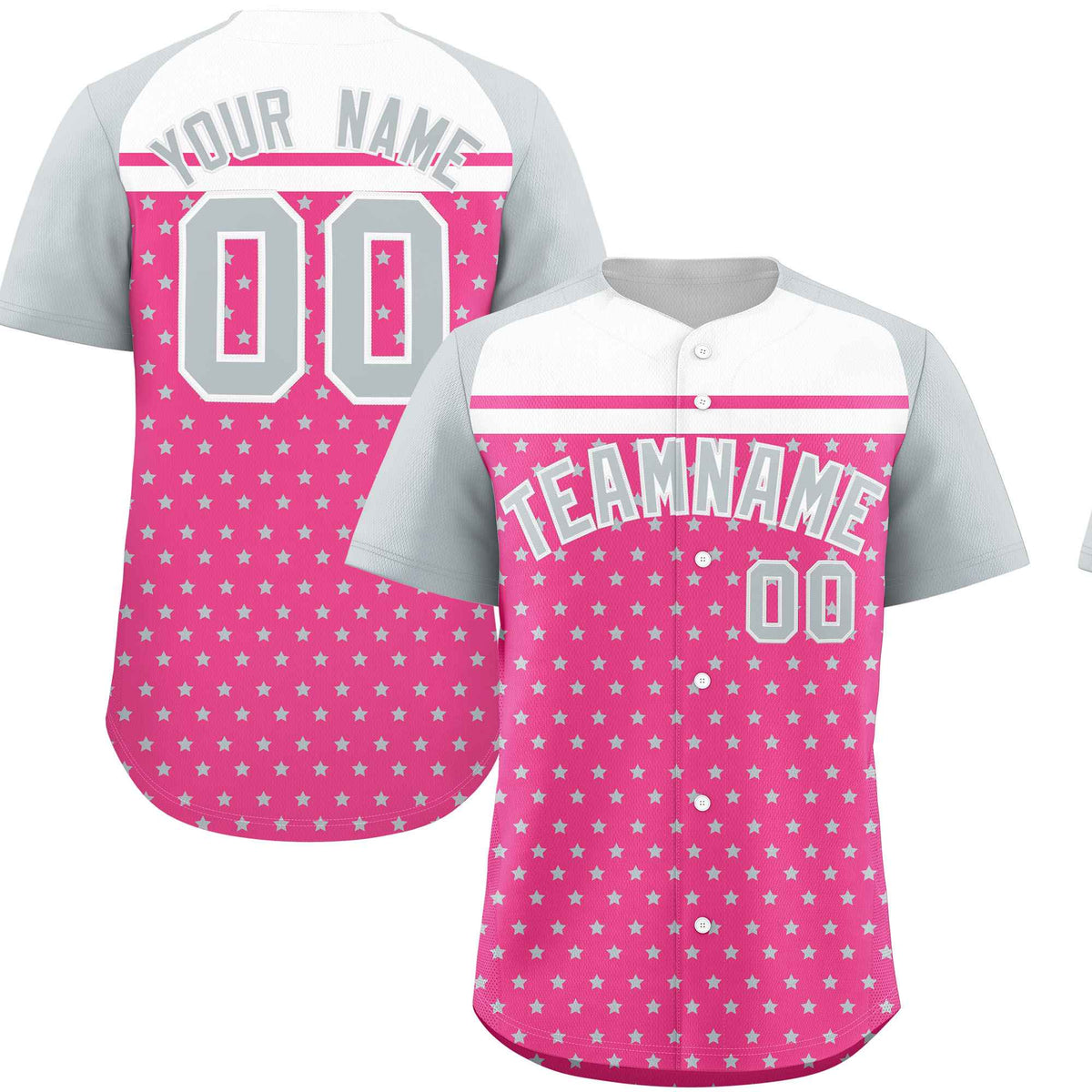 Custom Pink Silver-White Raglan Sleeve Personalized Star Print Authentic Baseball Jersey