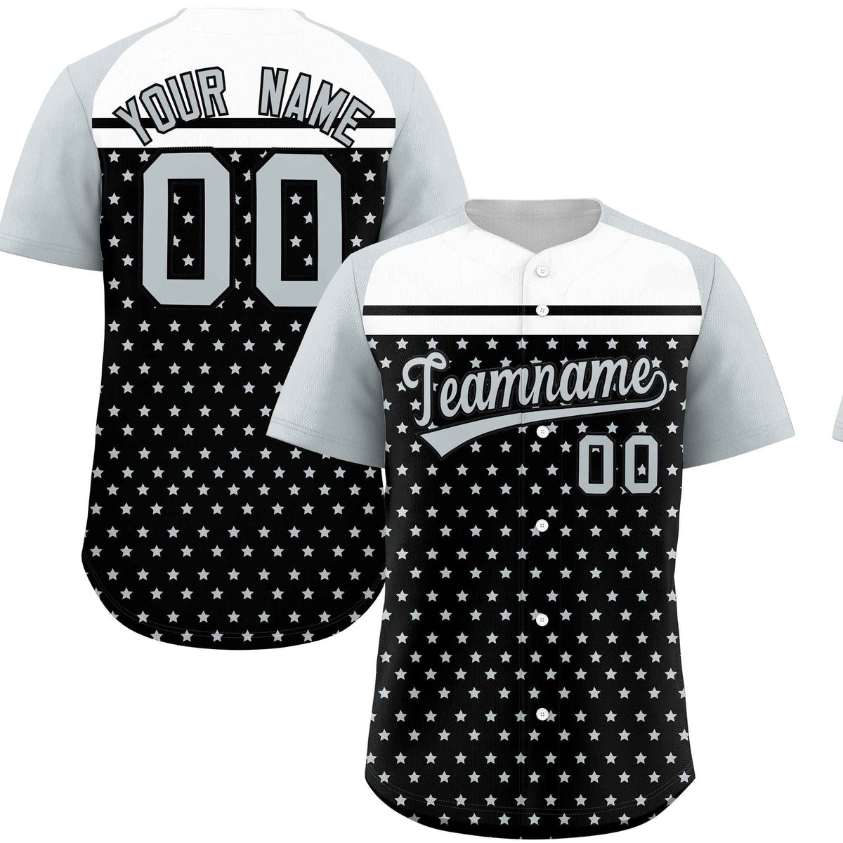 Custom Black Silver-White Raglan Sleeve Personalized Star Print Authentic Baseball Jersey