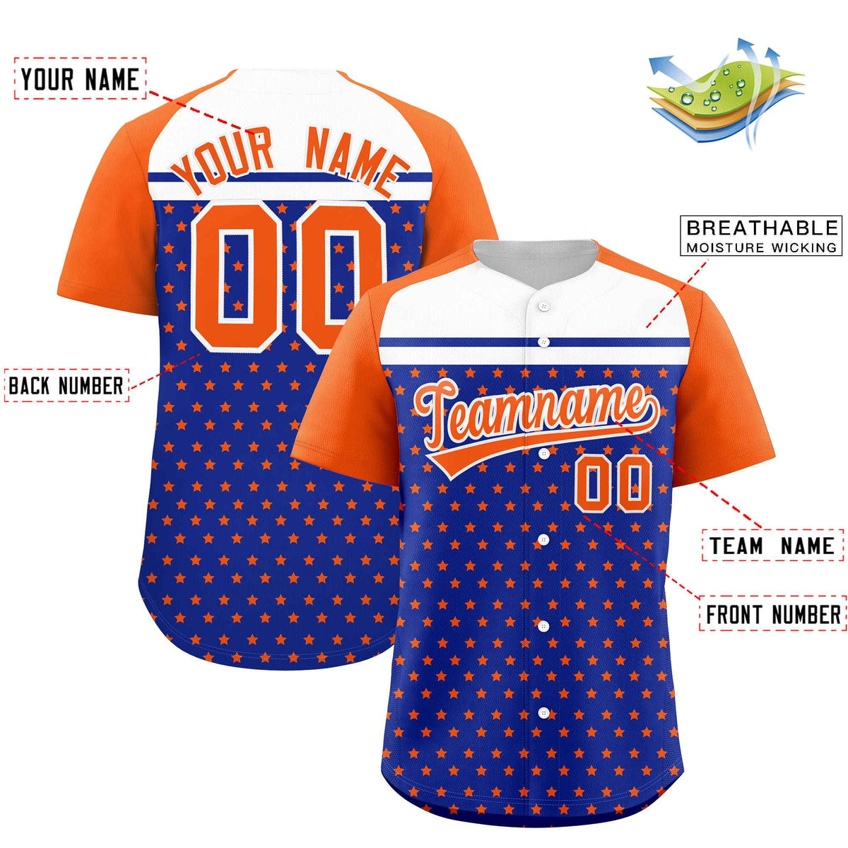 Custom Royal Orange-White Raglan Sleeve Personalized Star Print Authentic Baseball Jersey