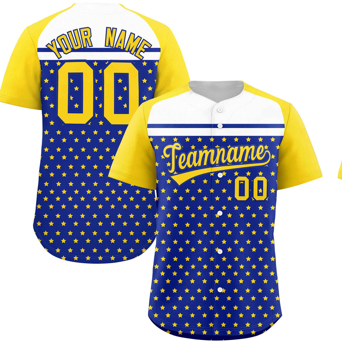Custom Royal Gold-White Raglan Sleeve Personalized Star Print Authentic Baseball Jersey