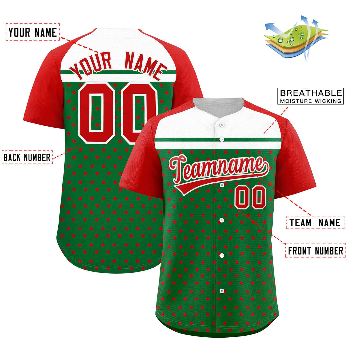 Custom Kelly Green Red-White Raglan Sleeve Personalized Star Print Authentic Baseball Jersey