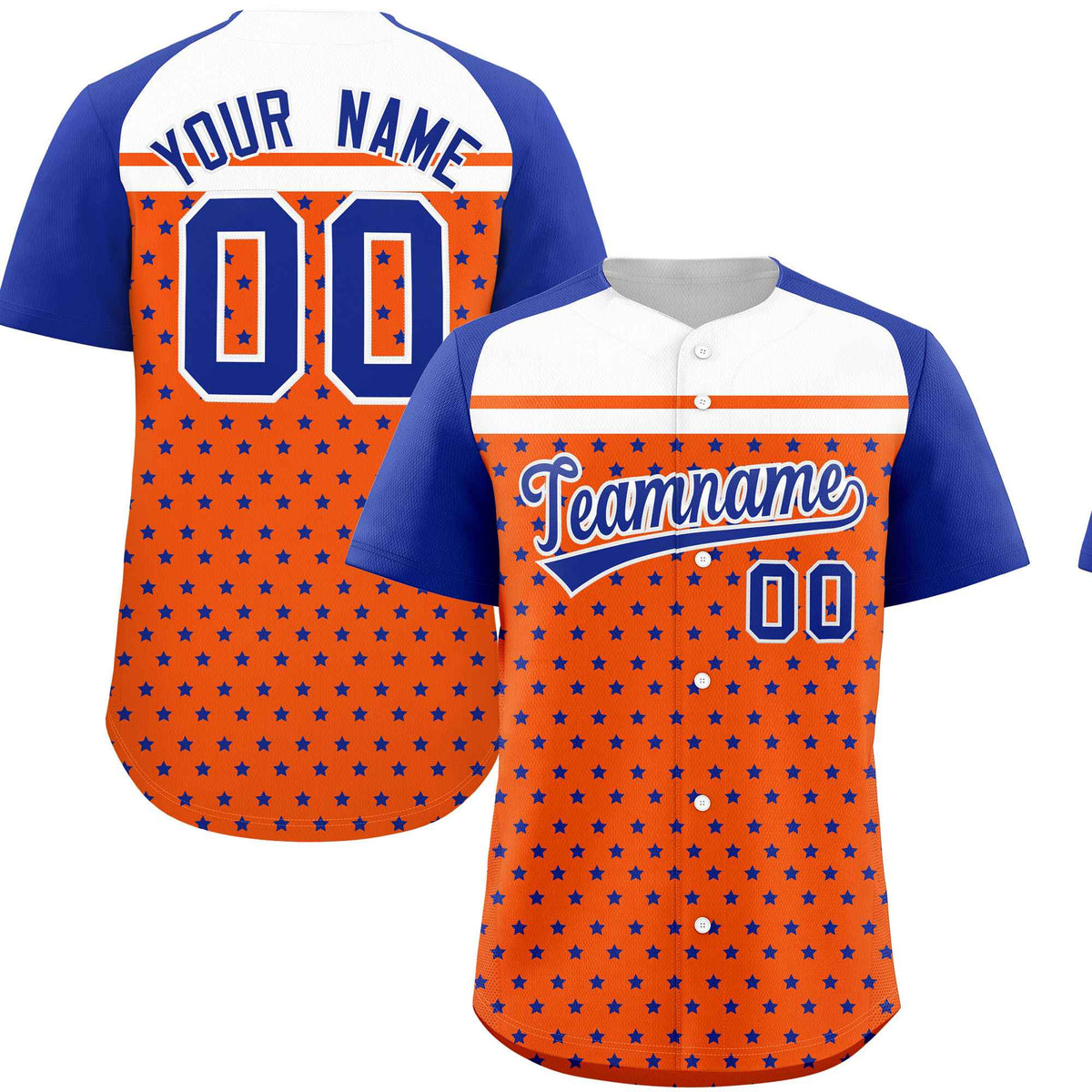 Custom Orange Royal-White Raglan Sleeve Personalized Star Print Authentic Baseball Jersey