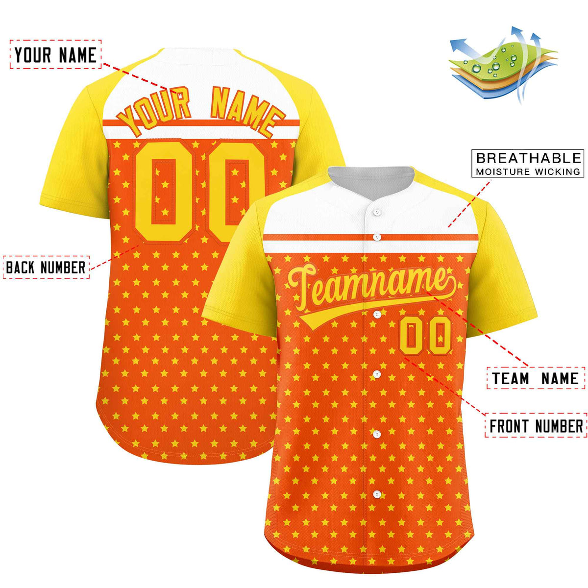 Custom Orange Gold-White Raglan Sleeve Personalized Star Print Authentic Baseball Jersey