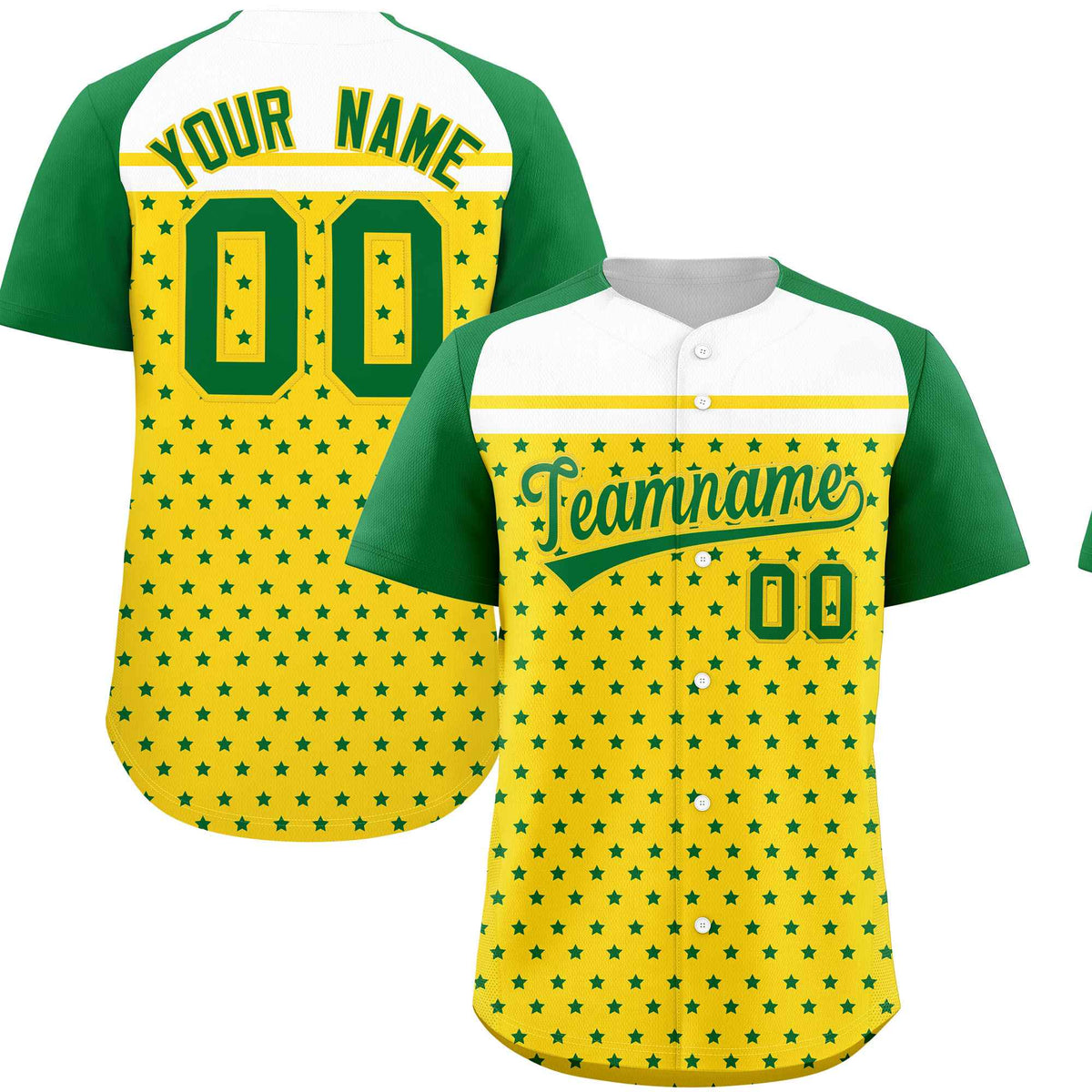 Custom Gold Kelly Green-White Raglan Sleeve Personalized Star Print Authentic Baseball Jersey