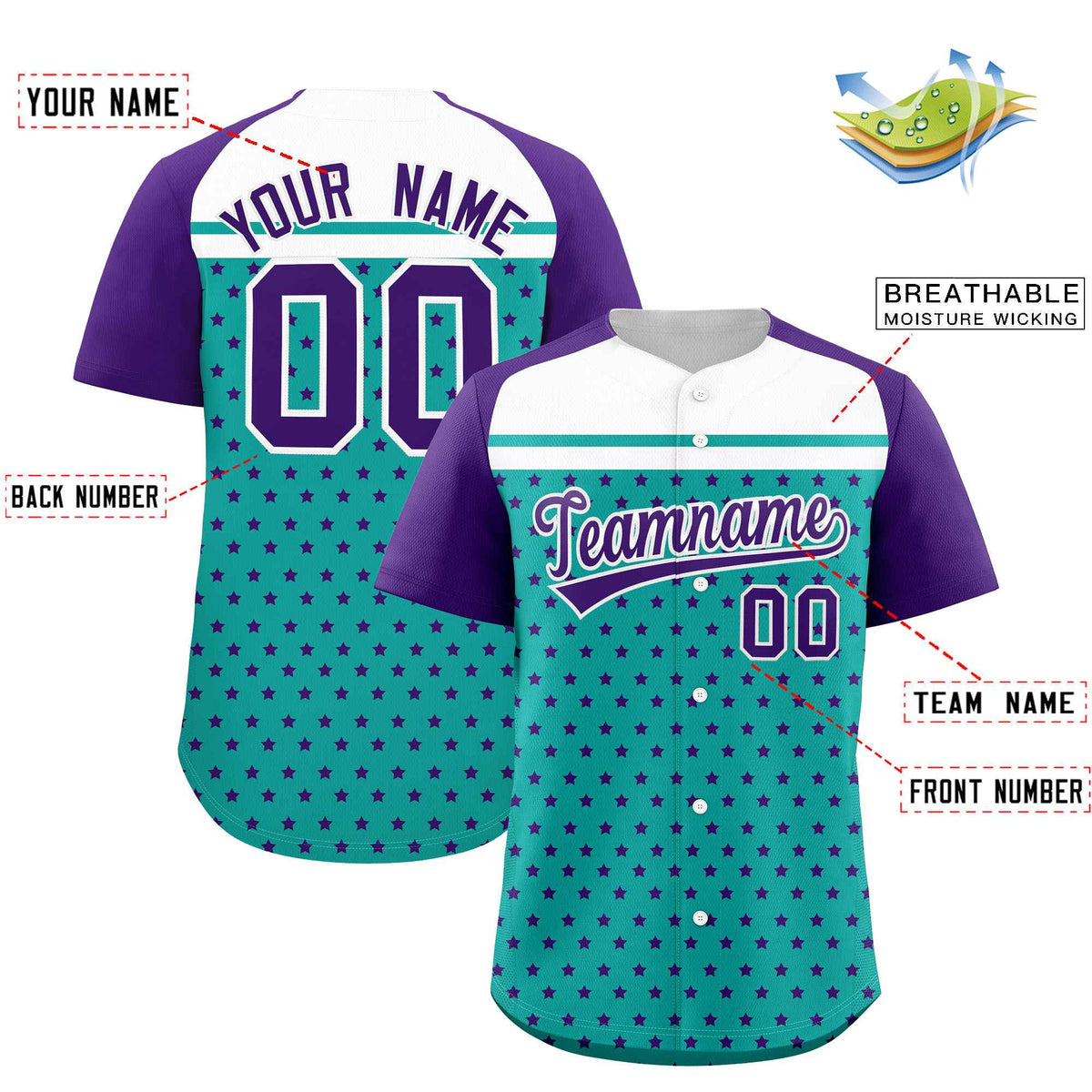 Custom Aqua Purple-White Raglan Sleeve Personalized Star Print Authentic Baseball Jersey