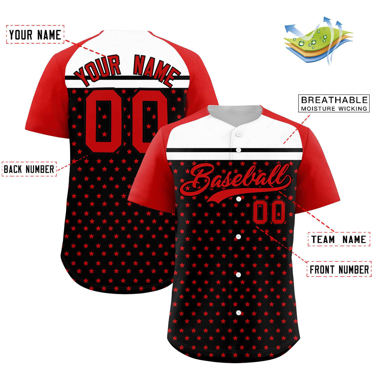 Custom Black Red-White Raglan Sleeve Personalized Star Print Authentic Baseball Jersey