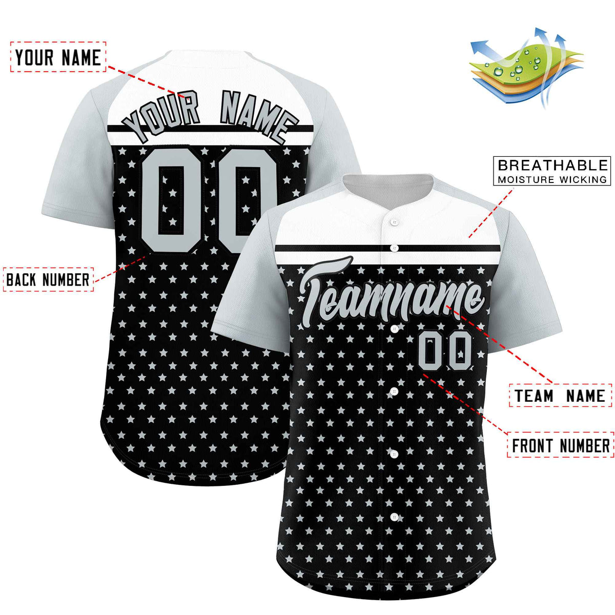 Custom Black Silver-White Raglan Sleeve Personalized Star Print Authentic Baseball Jersey