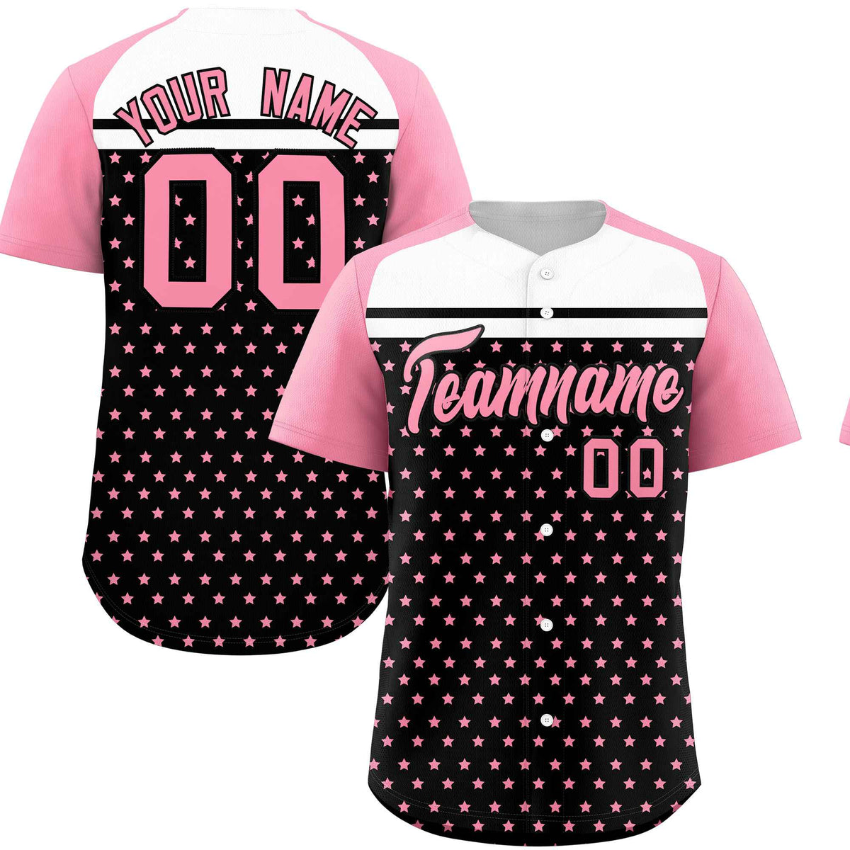 Custom Black Light Pink-White Raglan Sleeve Personalized Star Print Authentic Baseball Jersey