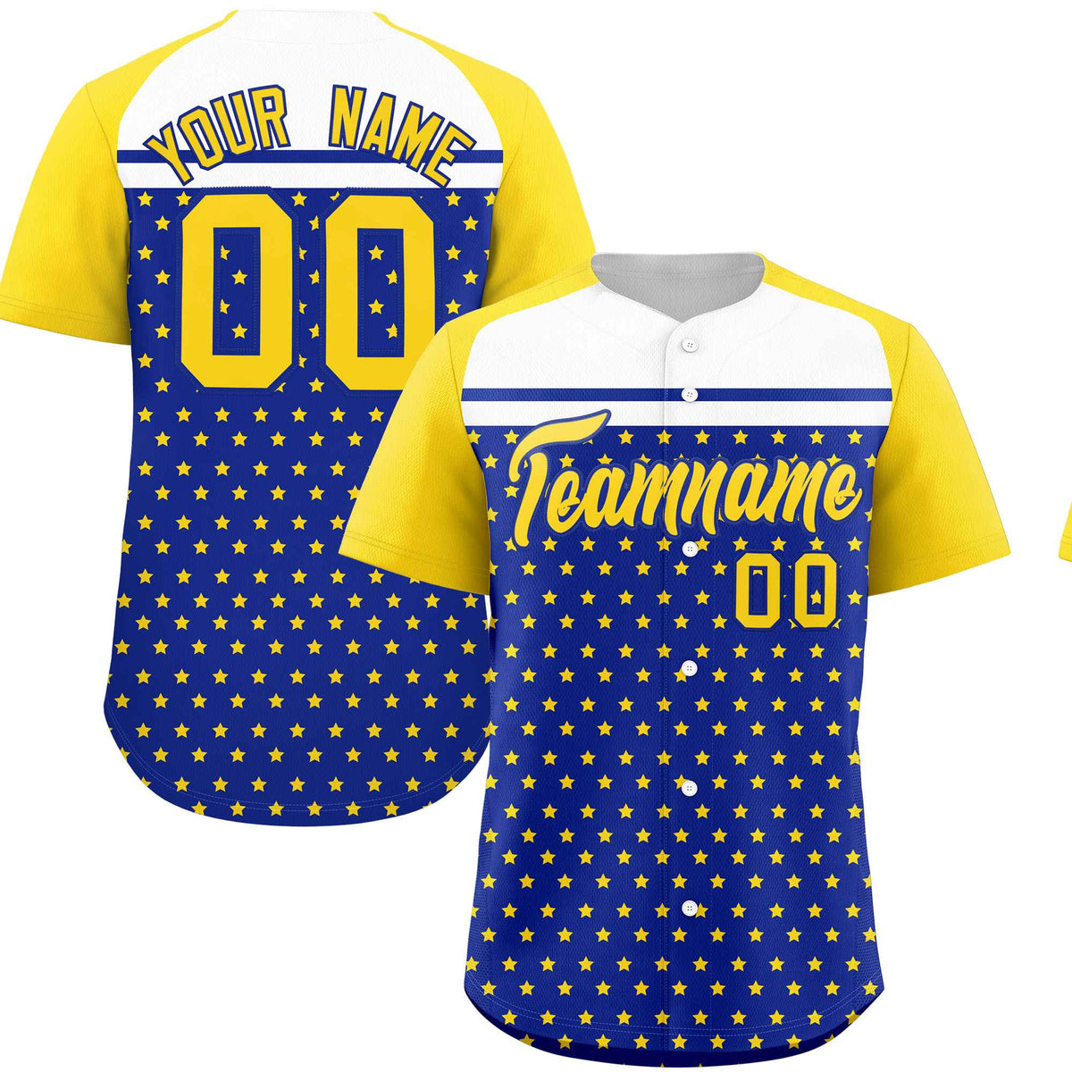 Custom Royal Gold-White Raglan Sleeve Personalized Star Print Authentic Baseball Jersey