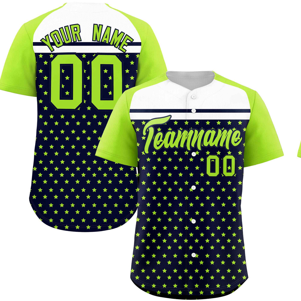 Custom Navy Neon Green-White Raglan Sleeve Personalized Star Print Authentic Baseball Jersey