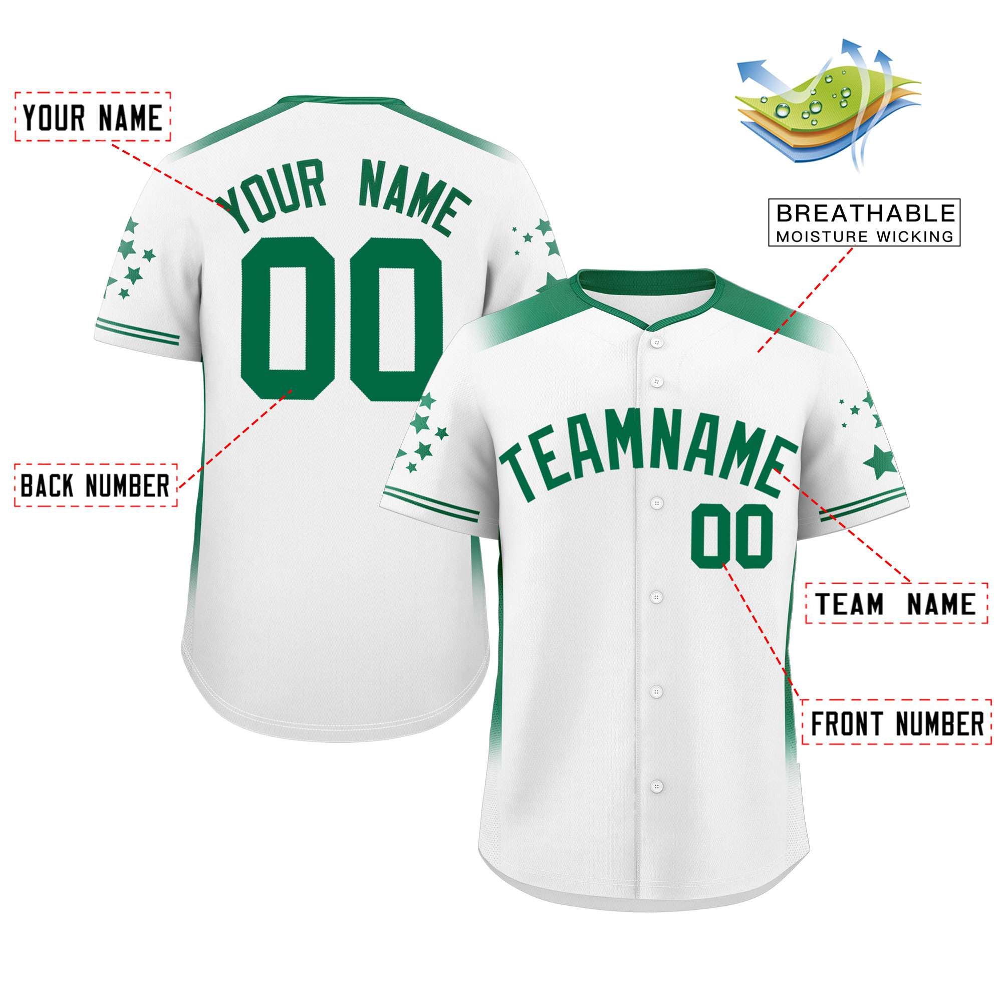 Custom White Kelly Green Gradient Side Personalized Star Pattern Authentic Baseball Jersey
