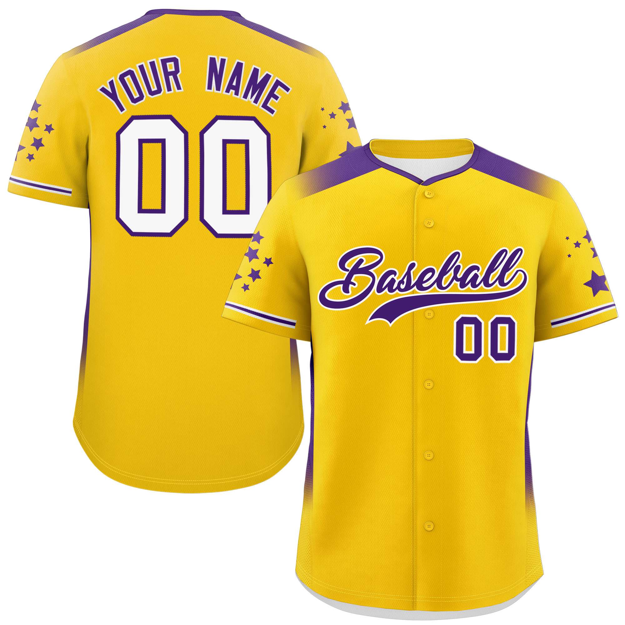 Custom Gold Purple Gradient Side Personalized Star Pattern Authentic Baseball Jersey