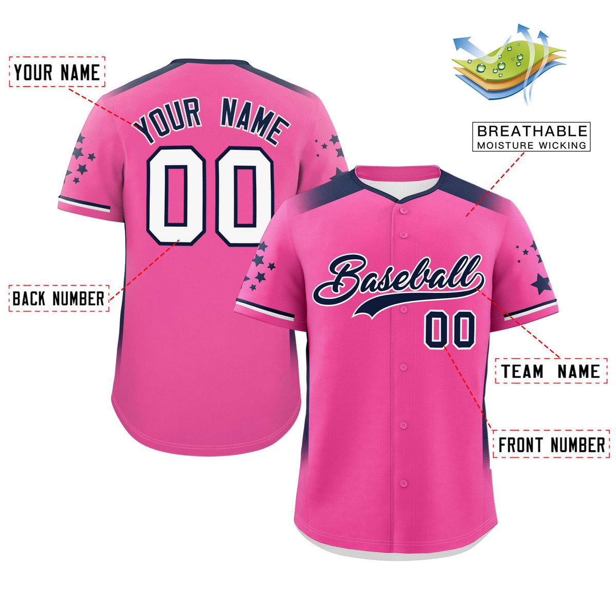 Custom Pink Navy Gradient Side Personalized Star Pattern Authentic Baseball Jersey