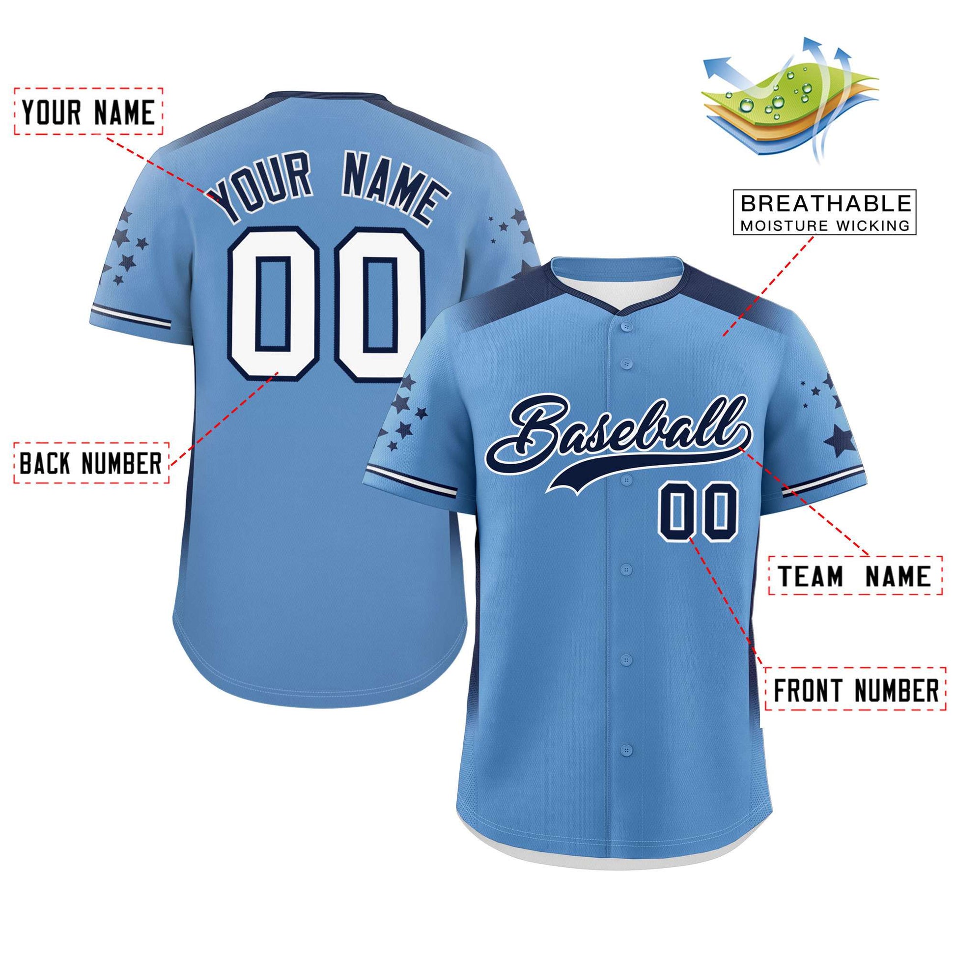 Custom Light Blue Navy Gradient Side Personalized Star Pattern Authentic Baseball Jersey