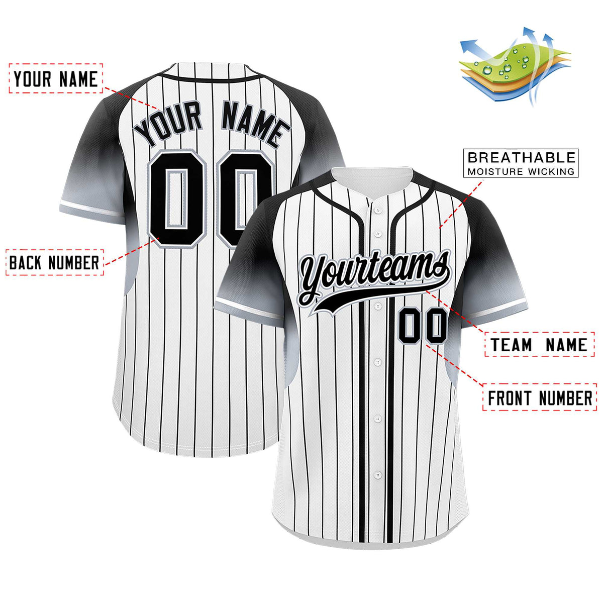 Custom White Black Stripe Fashion Sleeves Gradient Authentic Baseball Jersey