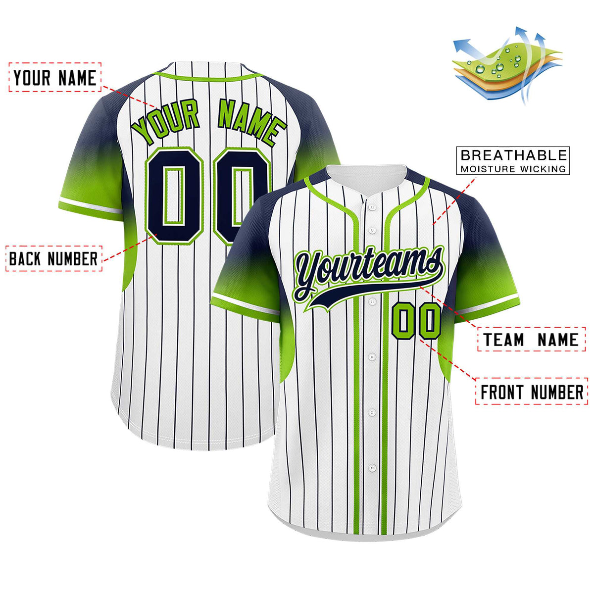 Custom White Navy Stripe Fashion Sleeves Gradient Authentic Baseball Jersey