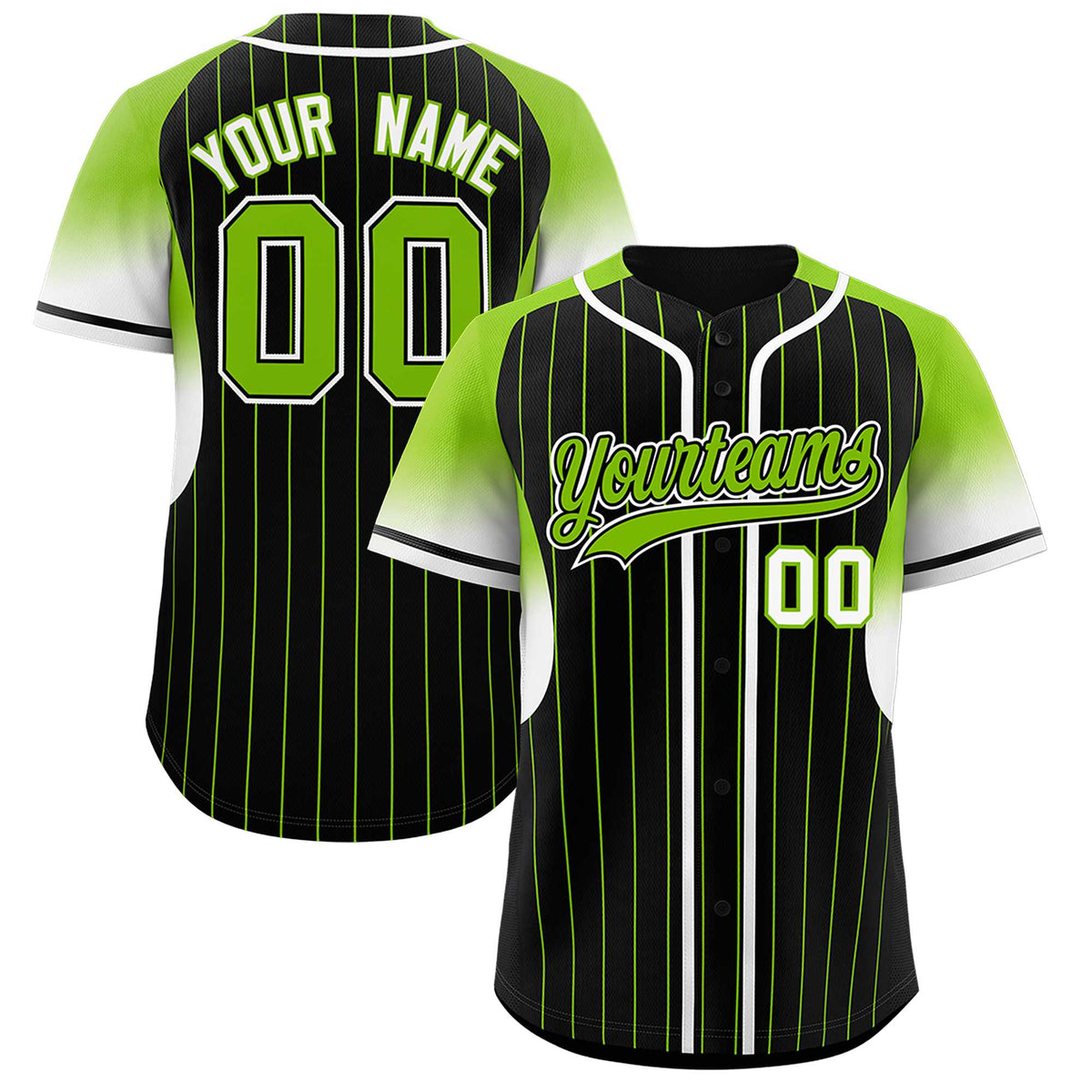 Custom Black Neon Green Stripe Fashion Sleeves Gradient Authentic Baseball Jersey