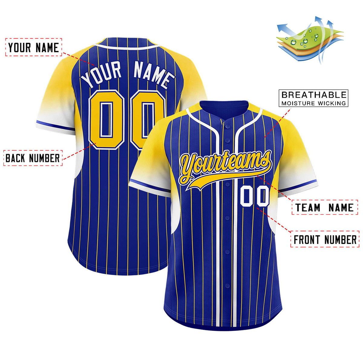 Custom Royal Gold Stripe Fashion Sleeves Gradient Authentic Baseball Jersey
