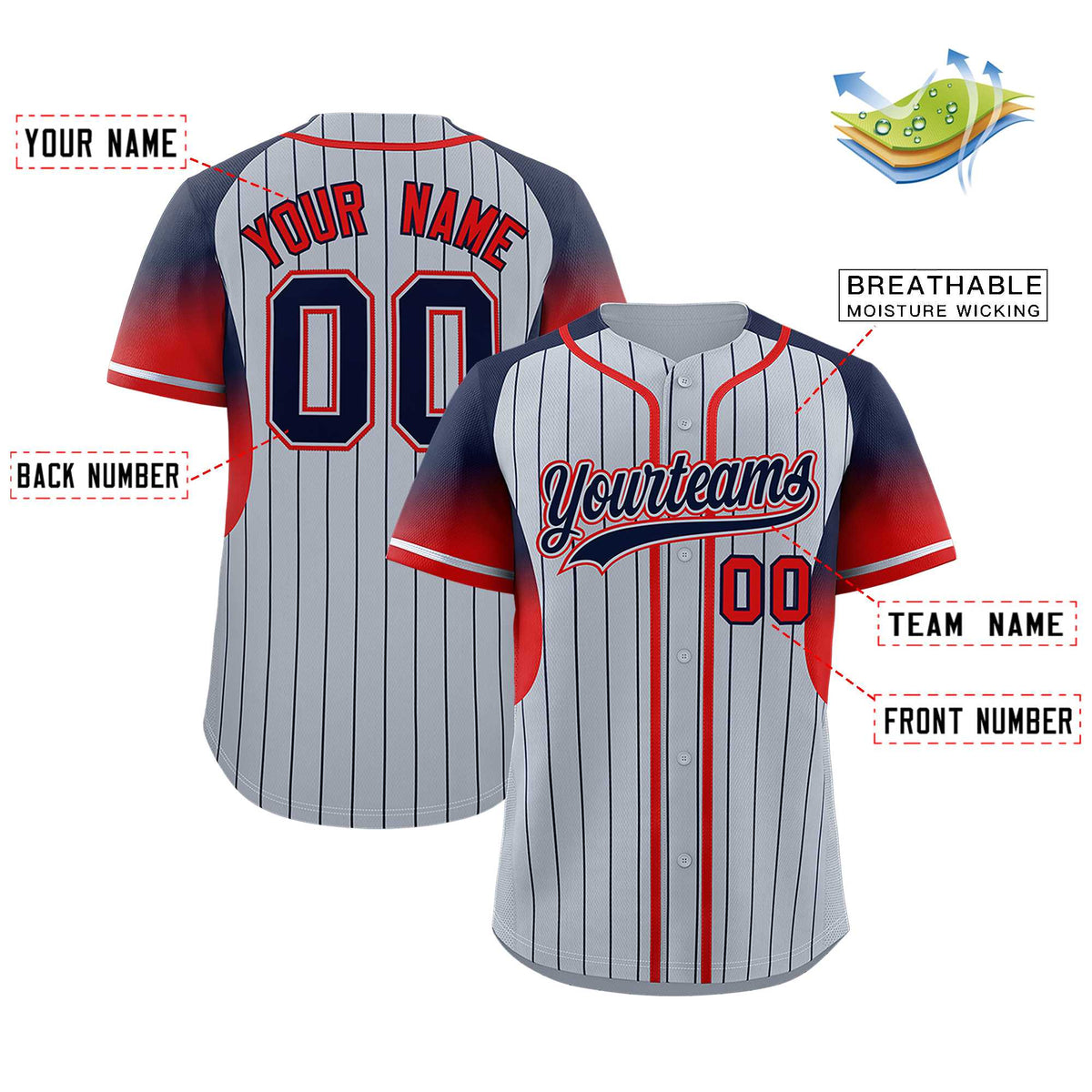 Custom Silver Navy Stripe Fashion Sleeves Gradient Authentic Baseball Jersey