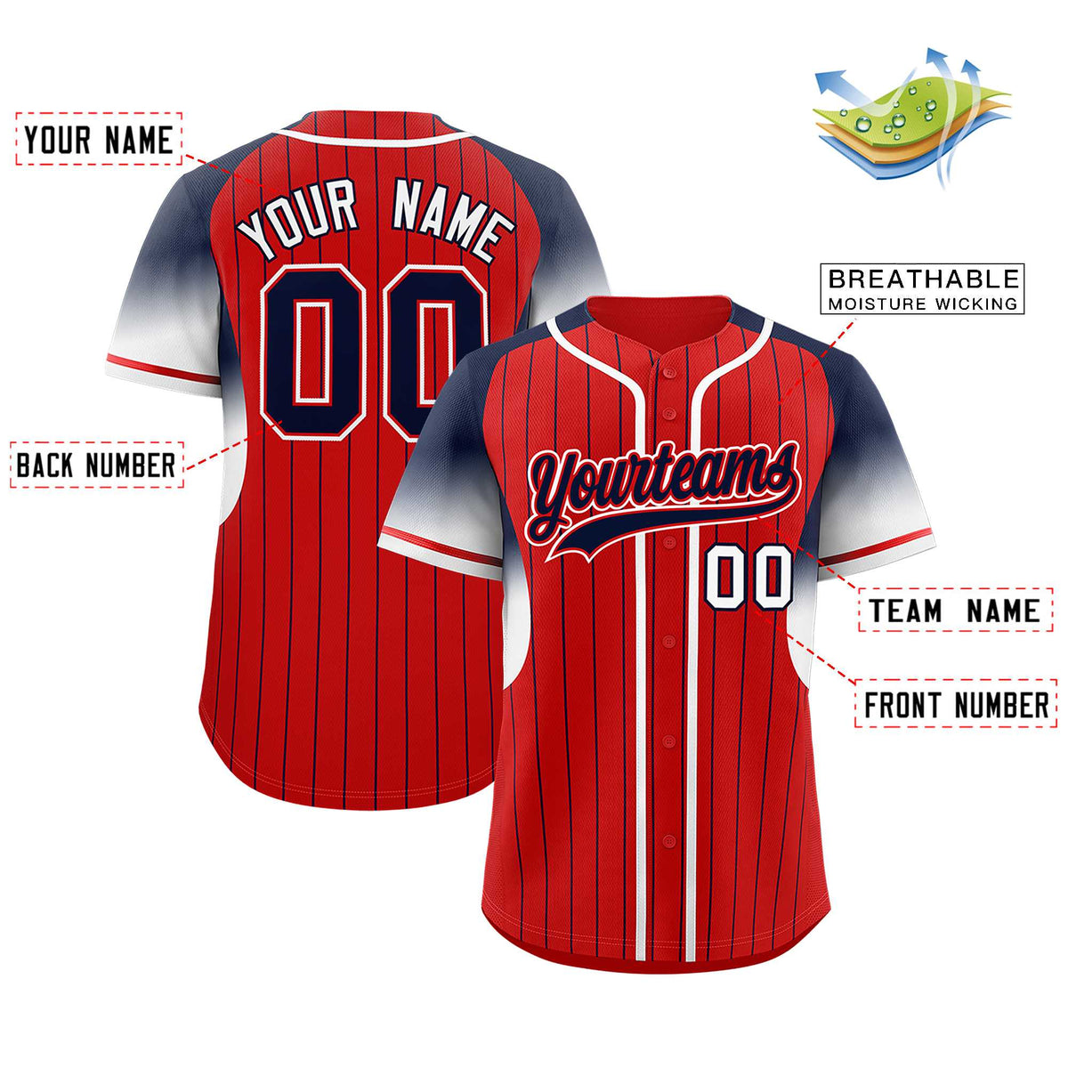 Custom Red Navy Stripe Fashion Sleeves Gradient Authentic Baseball Jersey