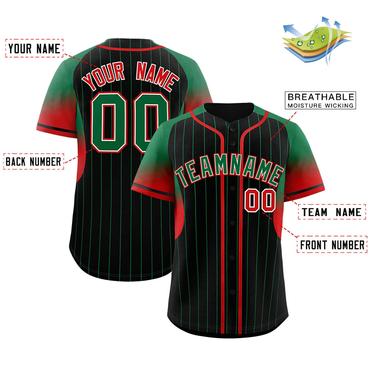 Custom Black Kelly Green Stripe Fashion Sleeves Gradient Authentic Baseball Jersey
