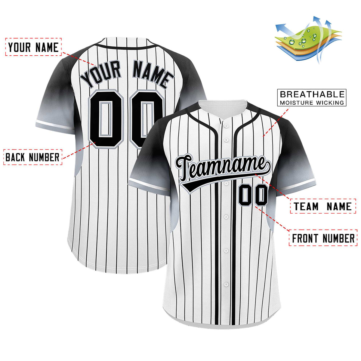 Custom White Black Stripe Fashion Sleeves Gradient Authentic Baseball Jersey