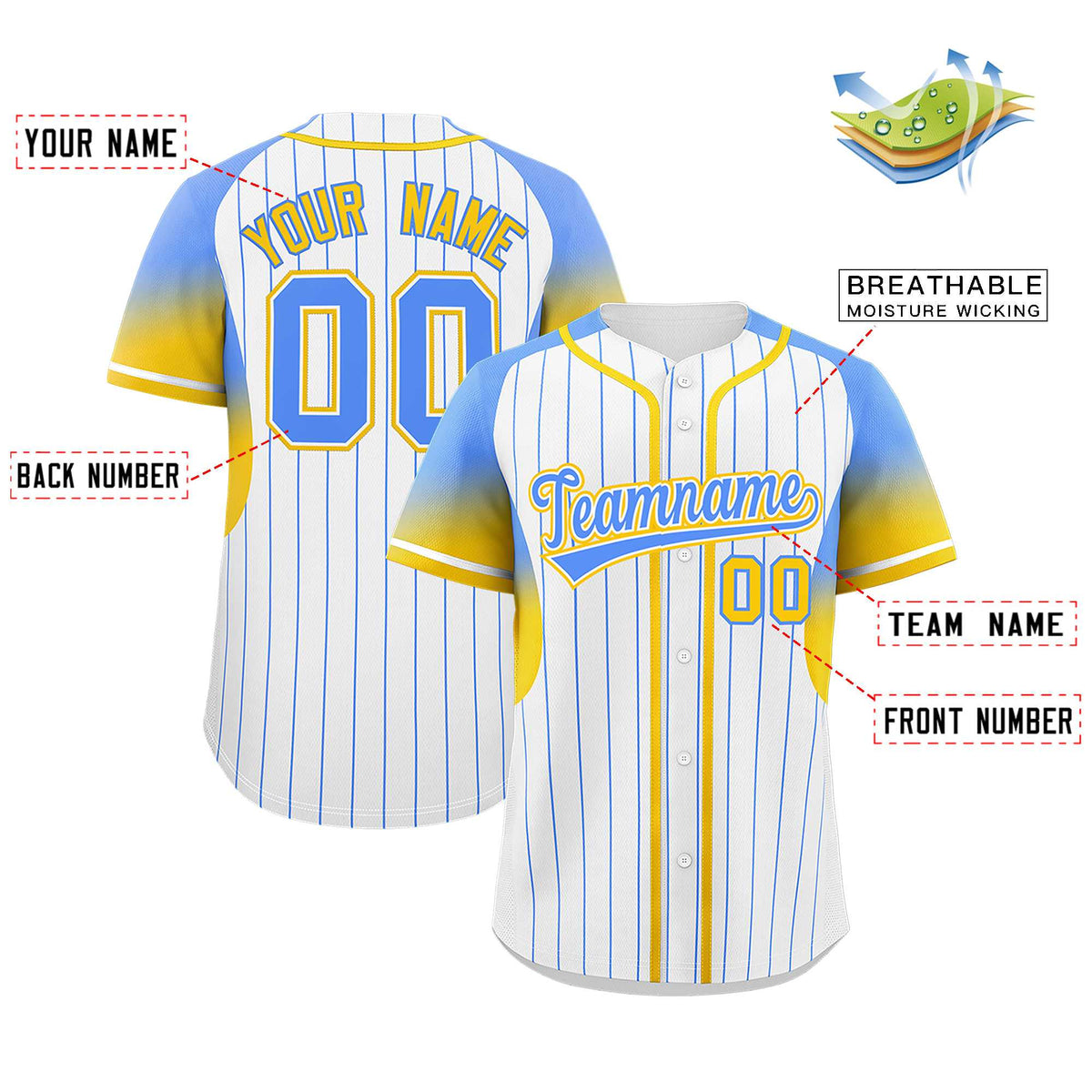 Custom White Powder Blue Stripe Fashion Sleeves Gradient Authentic Baseball Jersey