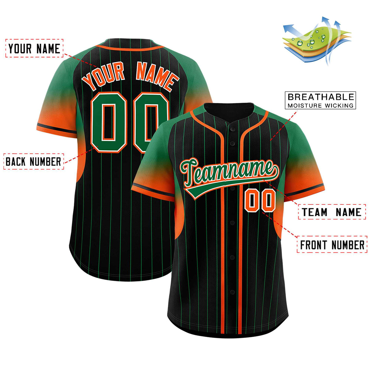 Custom Black Kelly Green Stripe Fashion Sleeves Gradient Authentic Baseball Jersey