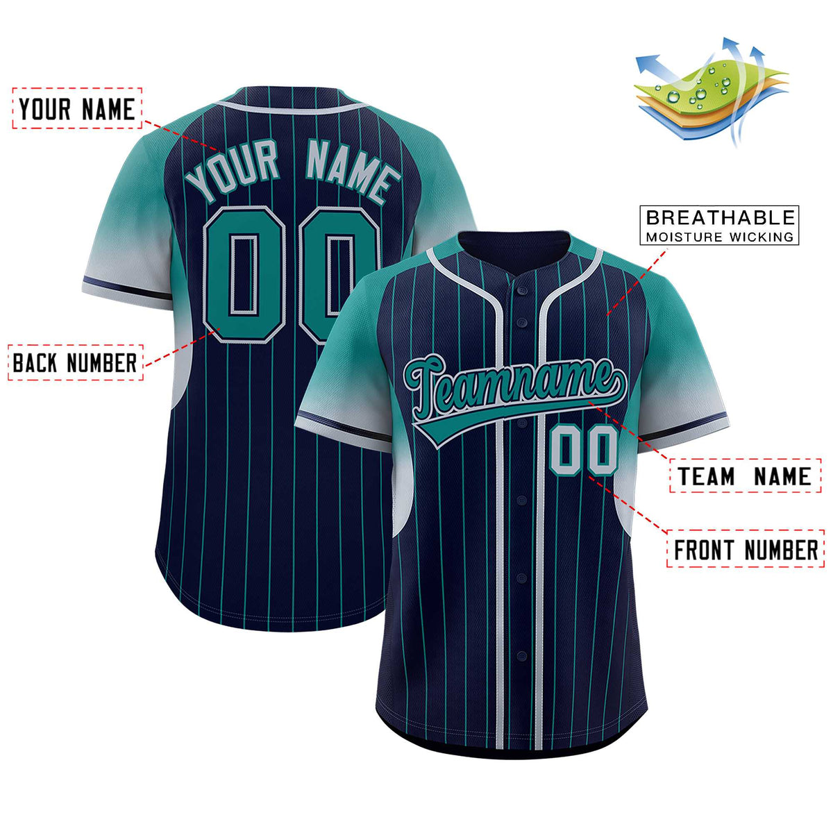 Custom Navy Aqua Stripe Fashion Sleeves Gradient Authentic Baseball Jersey